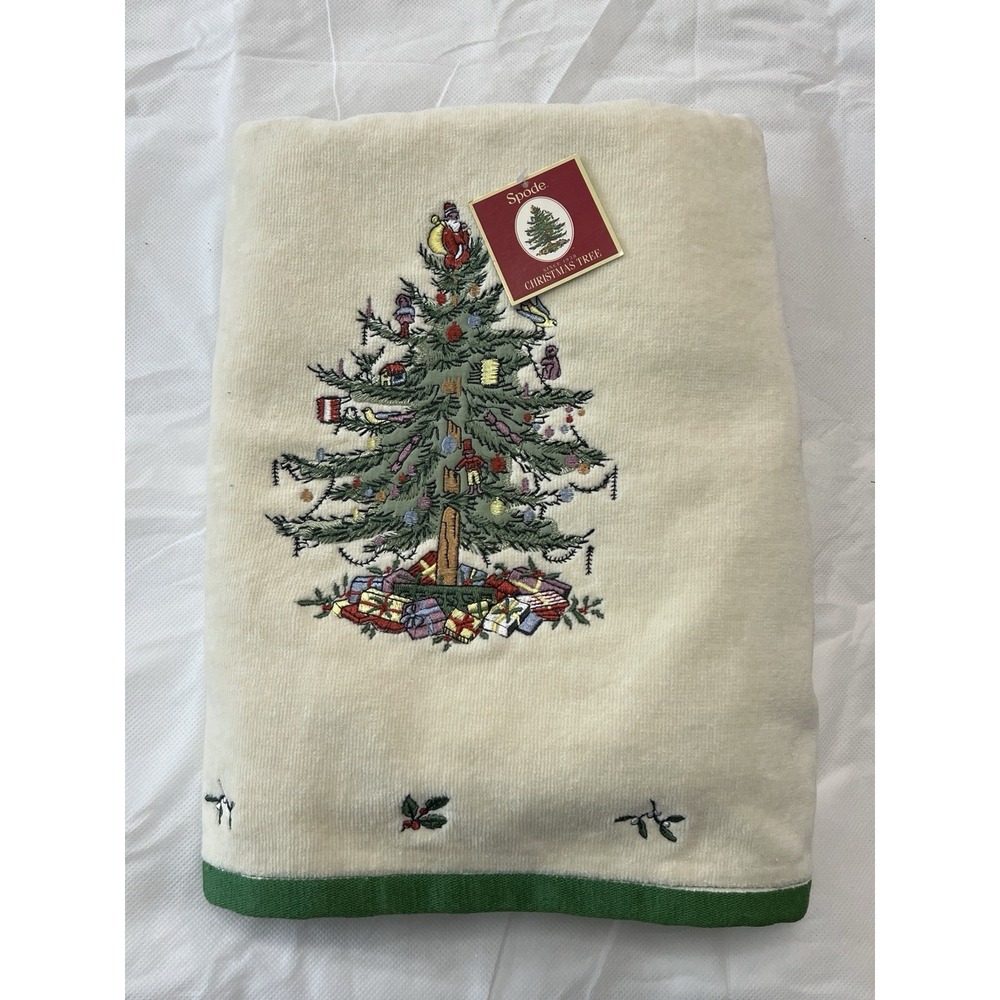 Spode Ivory Christmas Tree Green Trim Embroidered Bathroom Towel 49x27